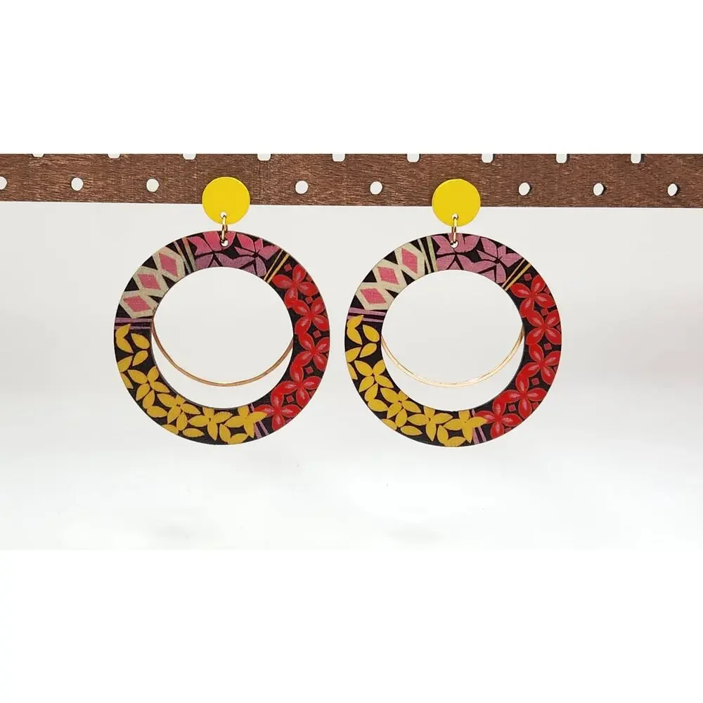 Boho Round Open Hoop Geometric Pattern Mixed Media Wood Statement Earrings
